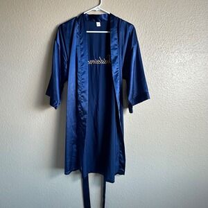 Navy Blue Bridesmaid Satin Robe Kimono Style Embroidered Gold Size S‎